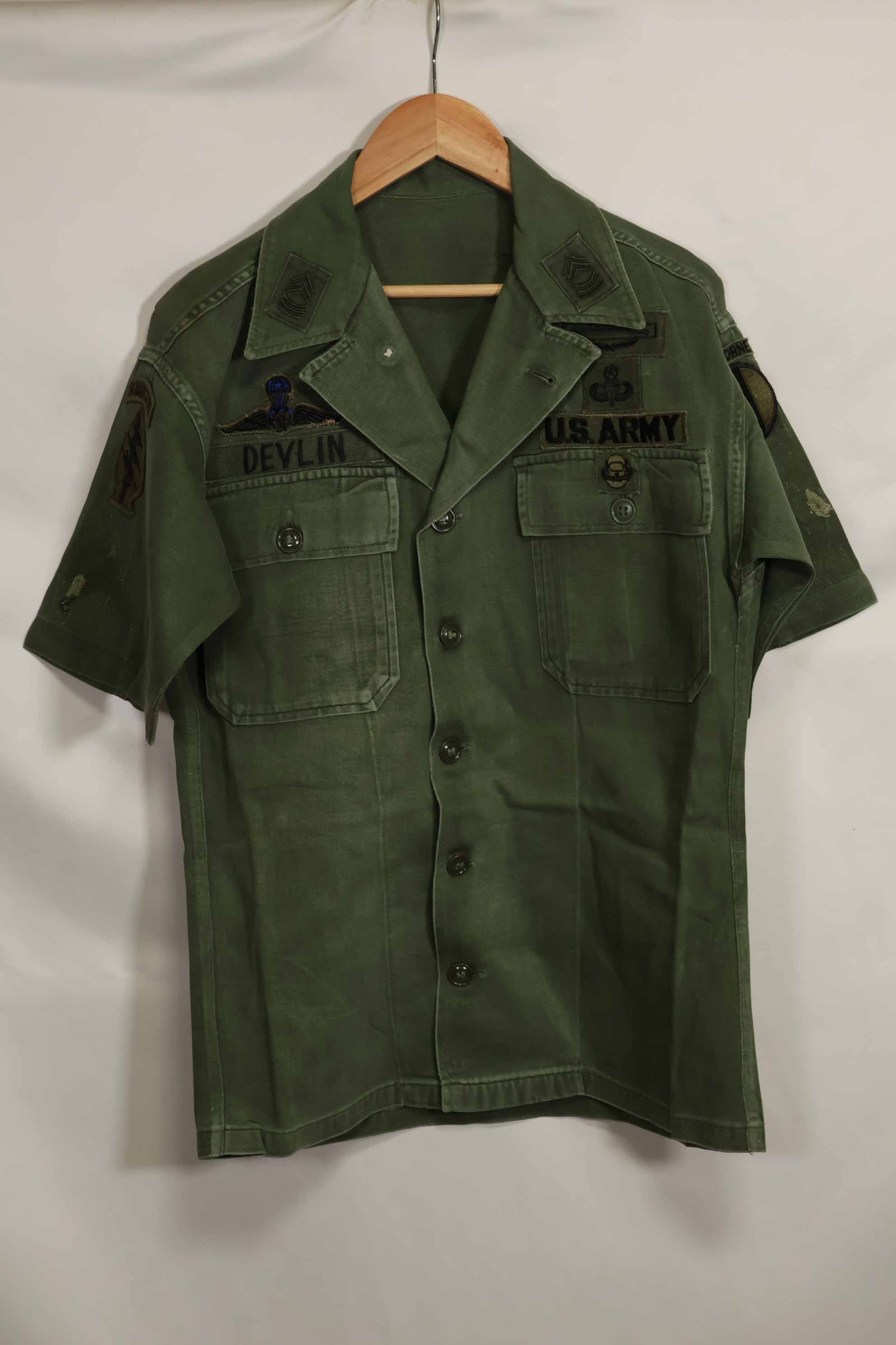 1960's Ex Green Beret Soldier Release OG-107 Utility Shirt with First Attachment Patch, Used, B
