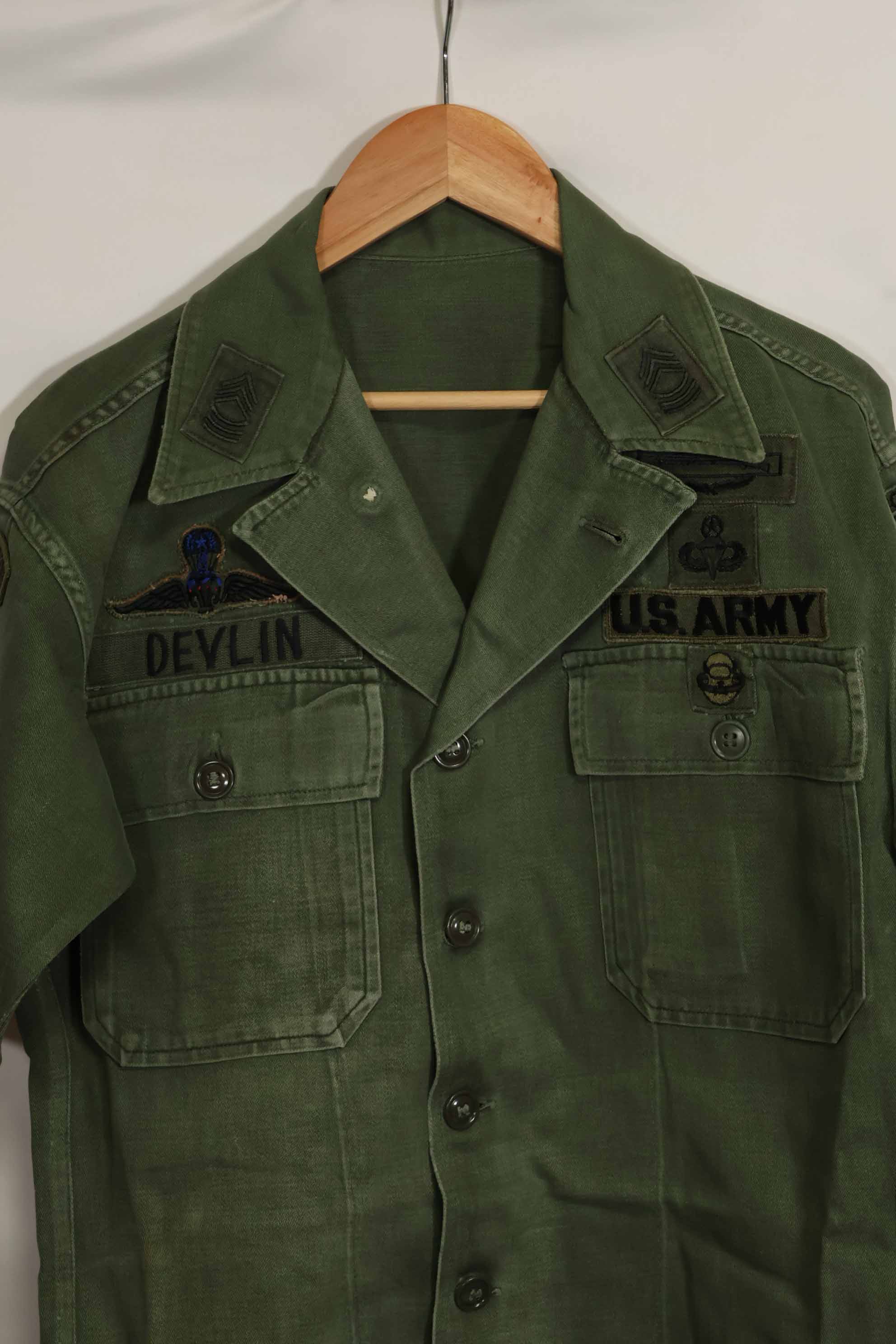 1960's Ex Green Beret Soldier Release OG-107 Utility Shirt with First Attachment Patch, Used, B