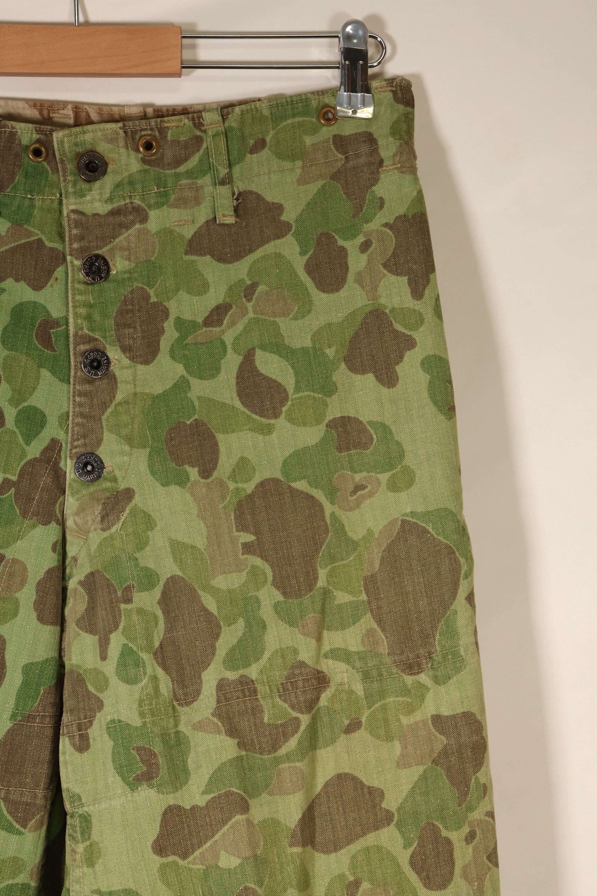 1940s WWII USMC P-44 Frogskin Camouflage Pants, Good Condition, Some Fading, Used