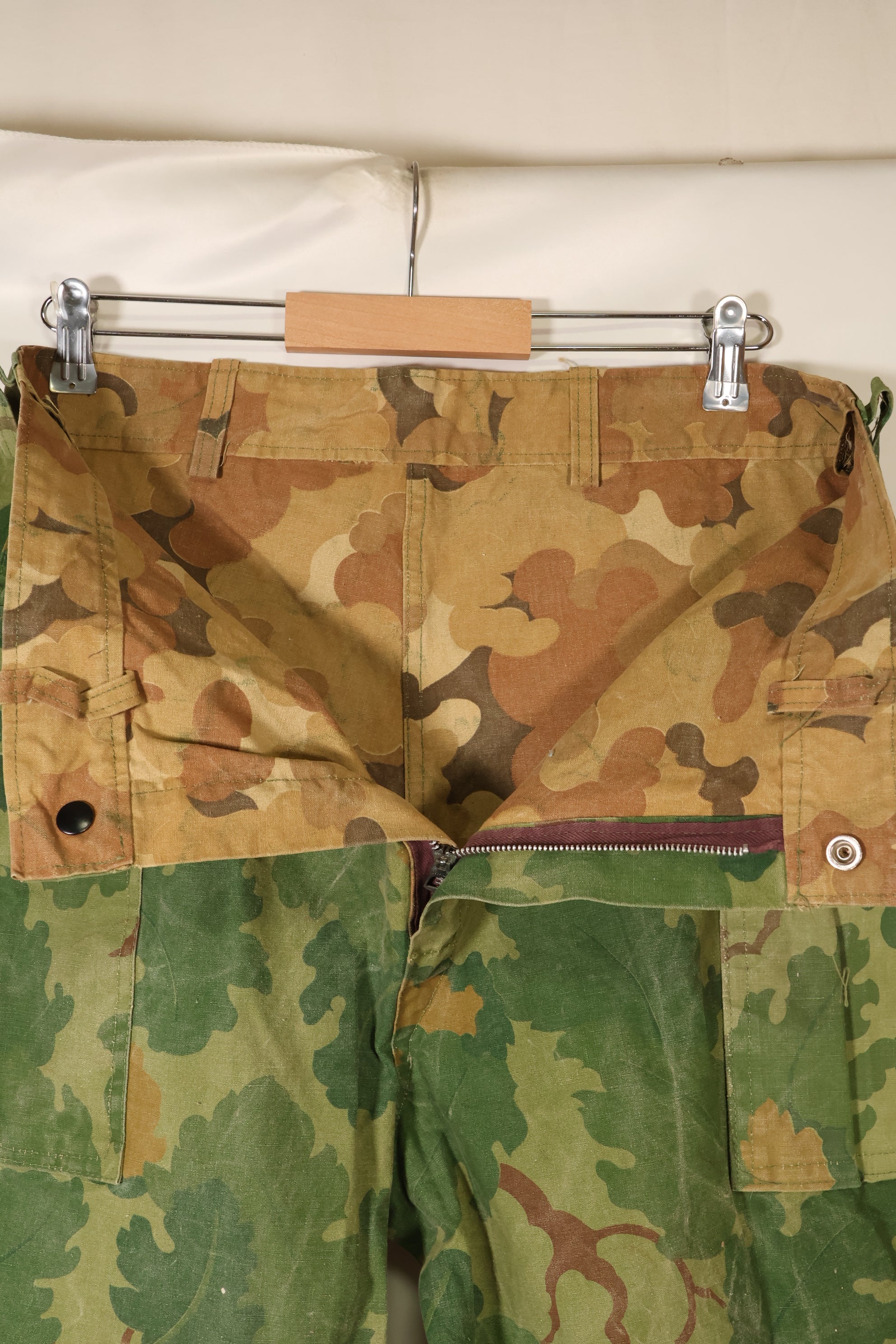Late 1960s to early 1970s | Privately sourced | Mitchell camouflage | USMC | WWII HBT-style cut | Reversible pants | Used