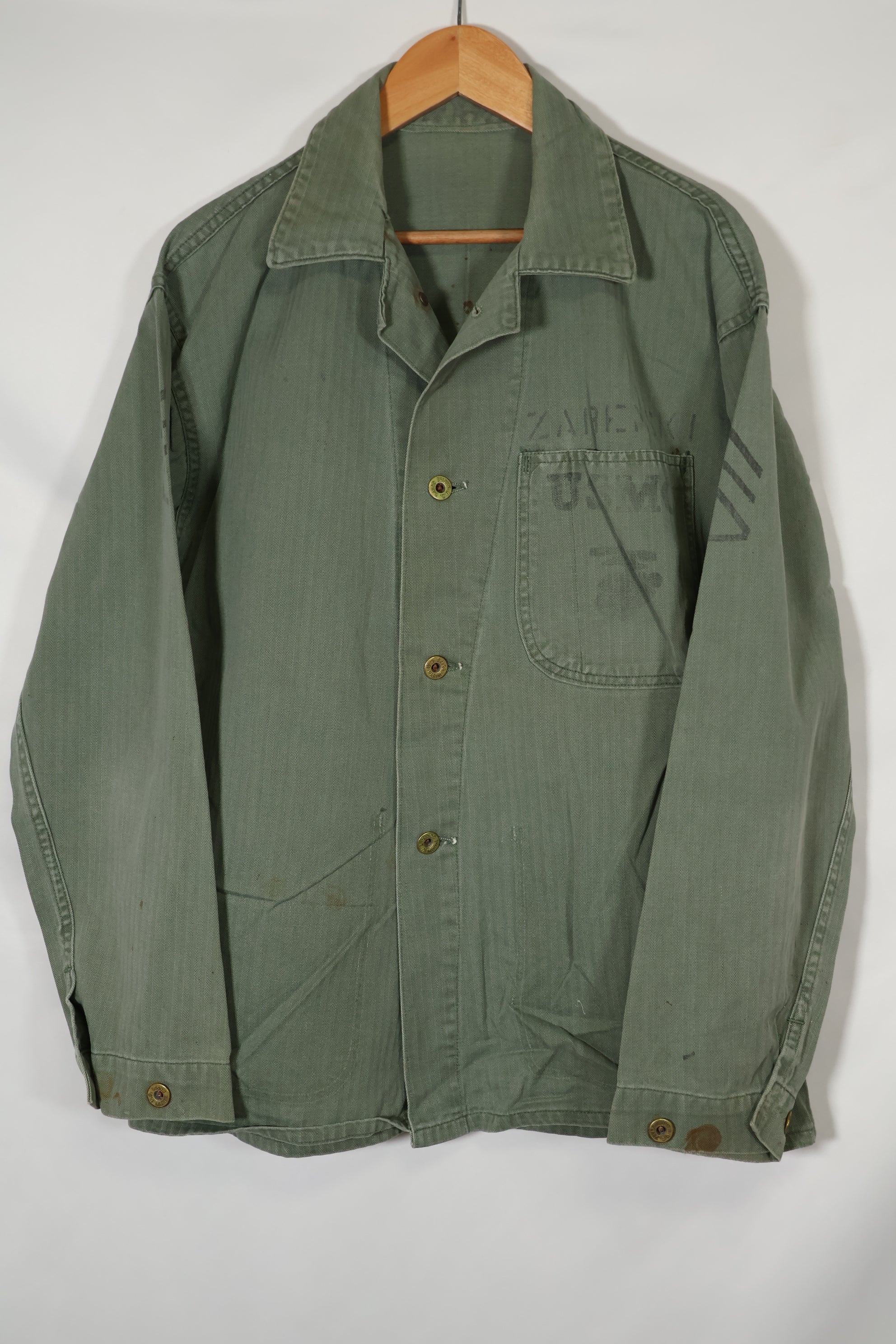 เสื้อแจ็คเก็ตอเนกประสงค์ P-41 HBT ของนาวิกโยธินสหรัฐฯ ยุค 1940 มือสอง สภาพ B
