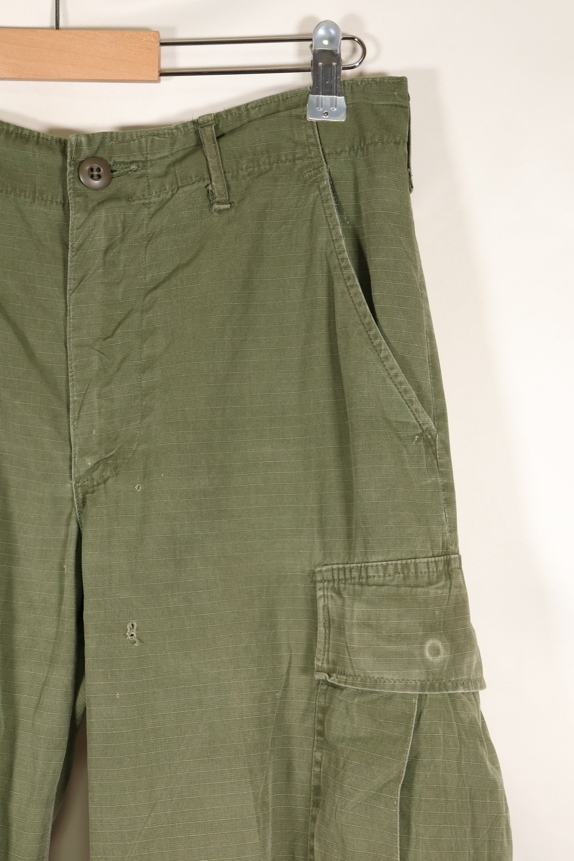 1968 Contract S-R 4th Model Jungle Fatigue Pants, used with fading and repairs.
