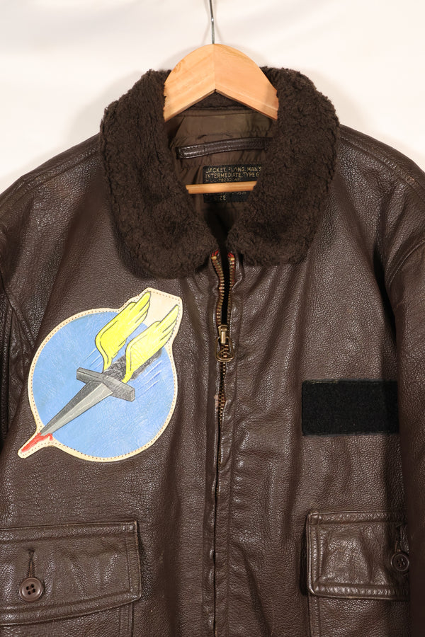 1971 contract size 44 G-1 flight jacket, painted, patches, used.