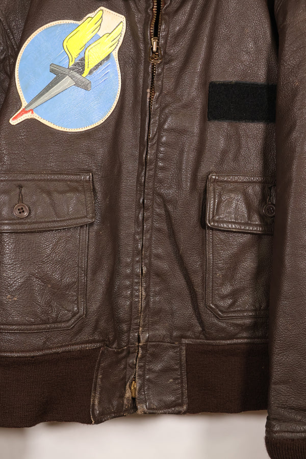 1971 contract size 44 G-1 flight jacket, painted, patches, used.