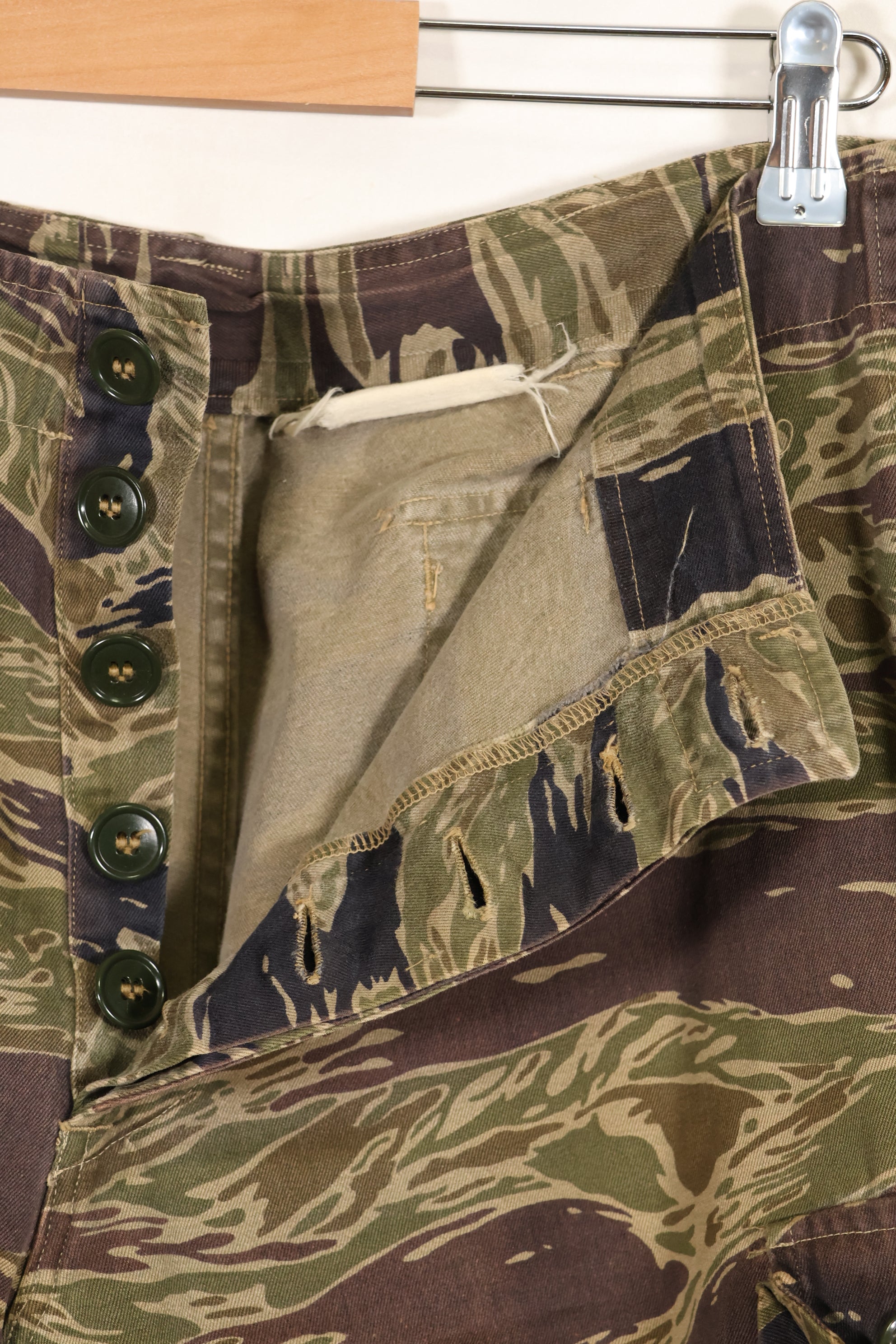 A-M Silver Tiger Stripe Asian Cut Pants made by Osaka MASH, used, faded.