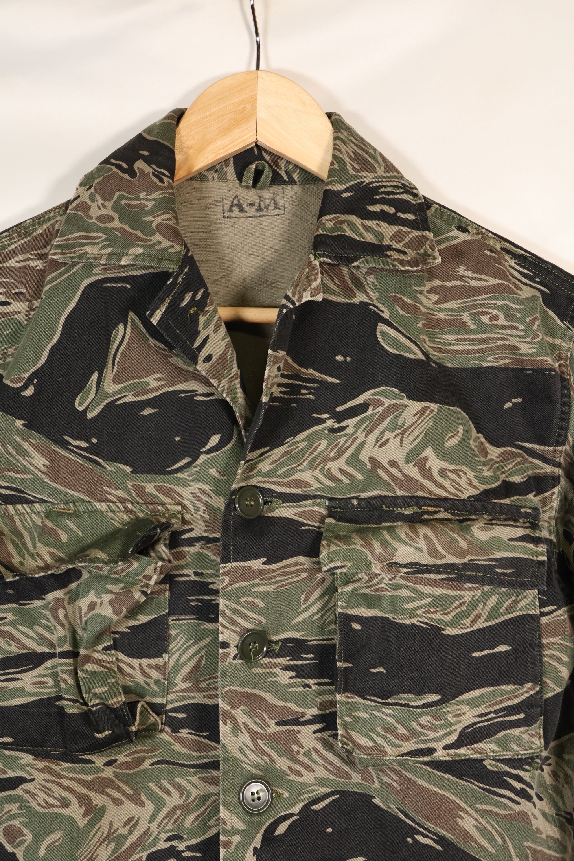 1960s Japanese Silver Tiger Asian Cut shirt, tiger stripe, used, no cuffs.