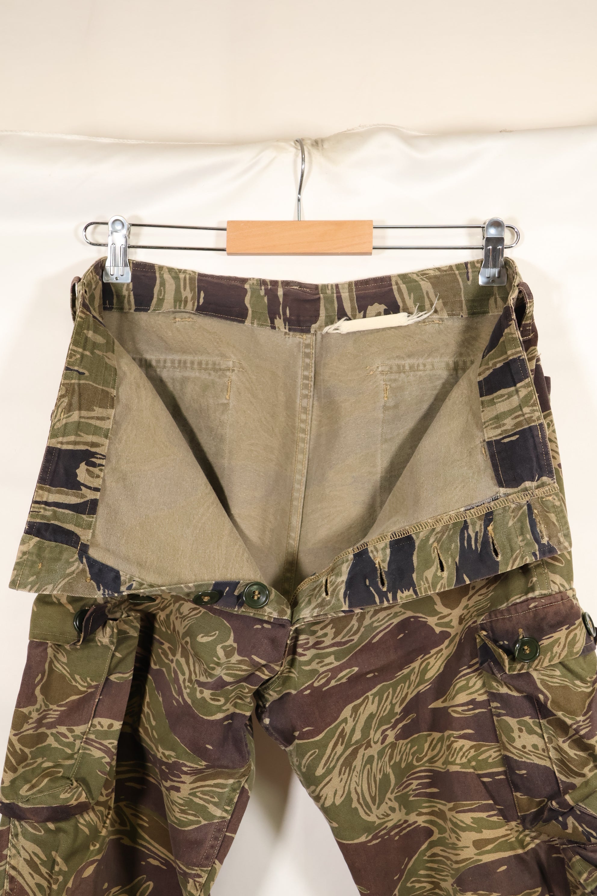 A-M Silver Tiger Stripe Asian Cut Pants made by Osaka MASH, used, faded.