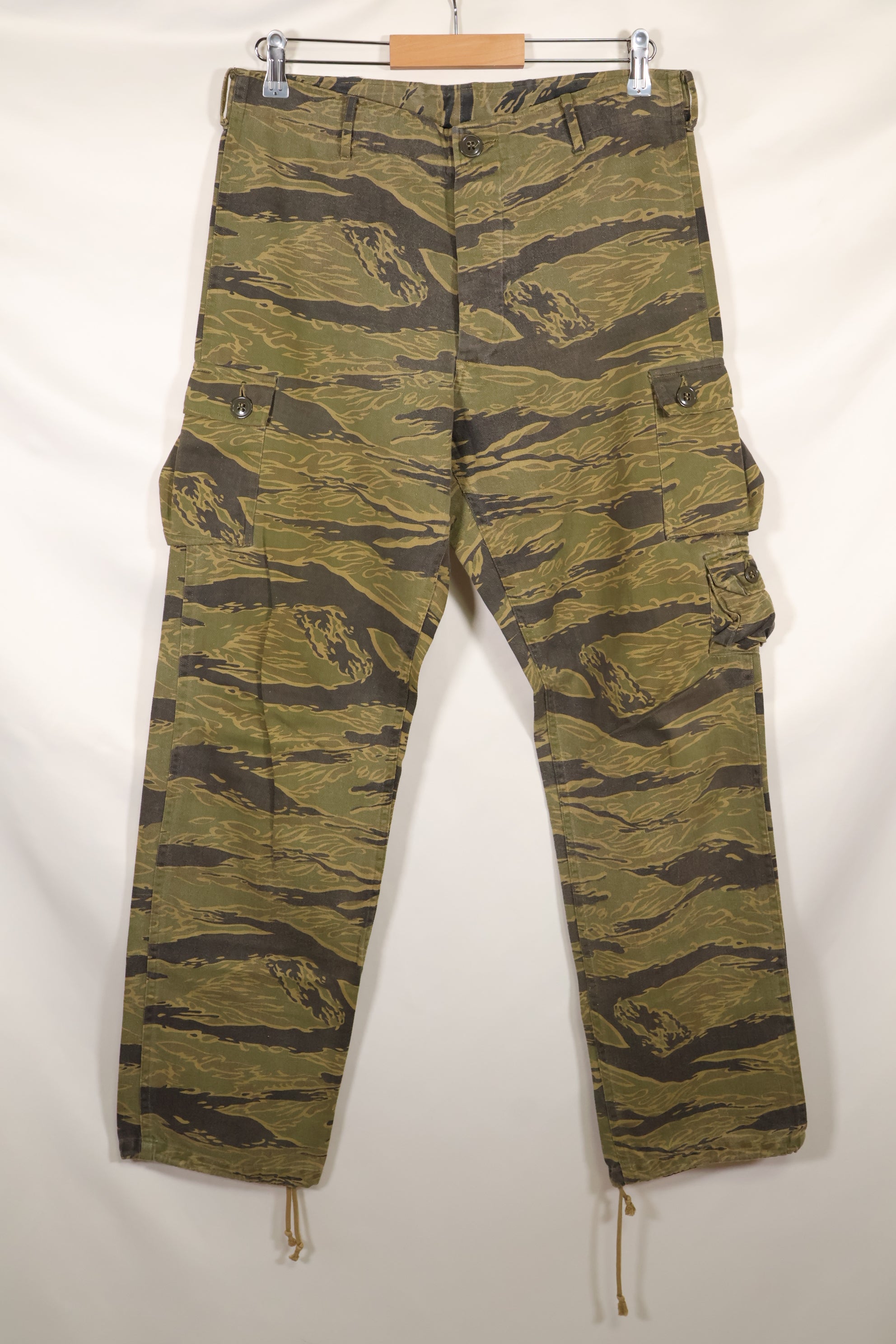 A-M gold tiger stripe Asian cut pants made by Osaka MASH, used, faded.