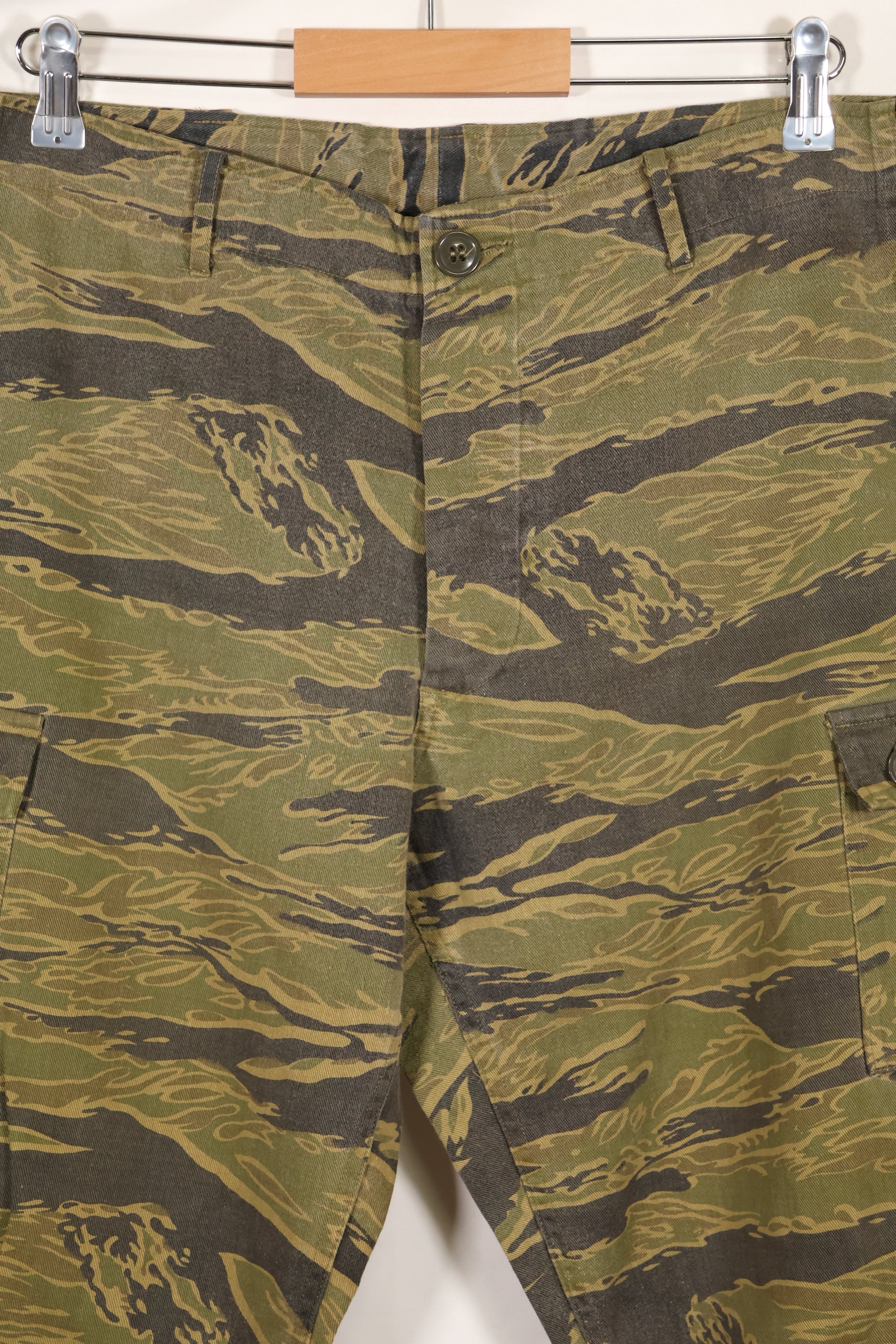 A-M gold tiger stripe Asian cut pants made by Osaka MASH, used, faded.