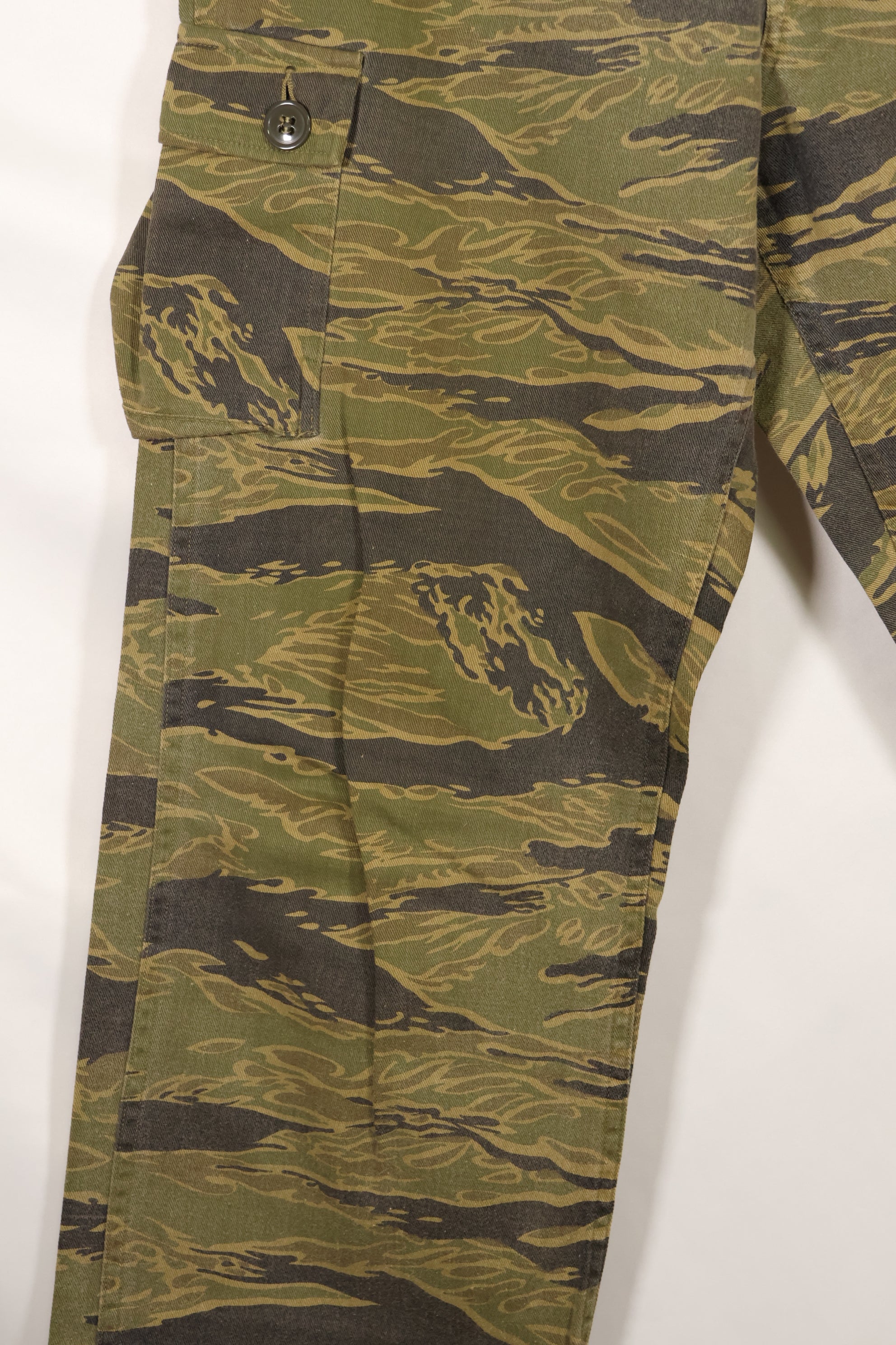 A-M gold tiger stripe Asian cut pants made by Osaka MASH, used, faded.