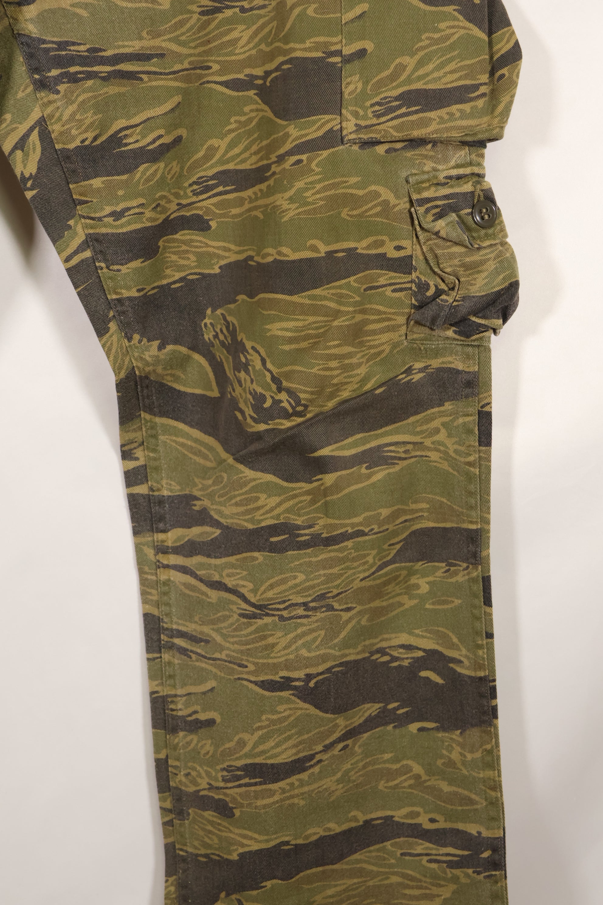 A-M gold tiger stripe Asian cut pants made by Osaka MASH, used, faded.