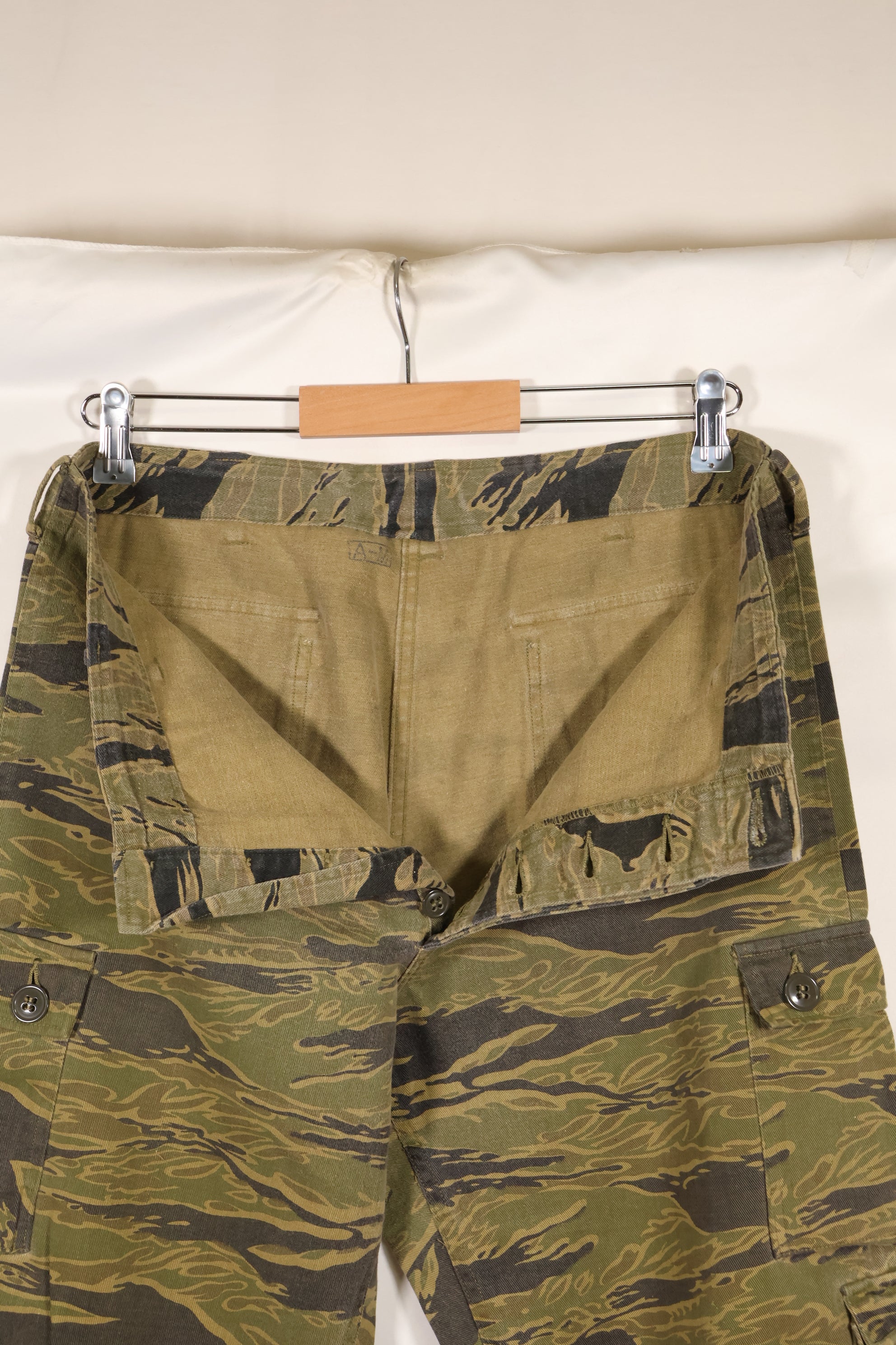 A-M gold tiger stripe Asian cut pants made by Osaka MASH, used, faded.
