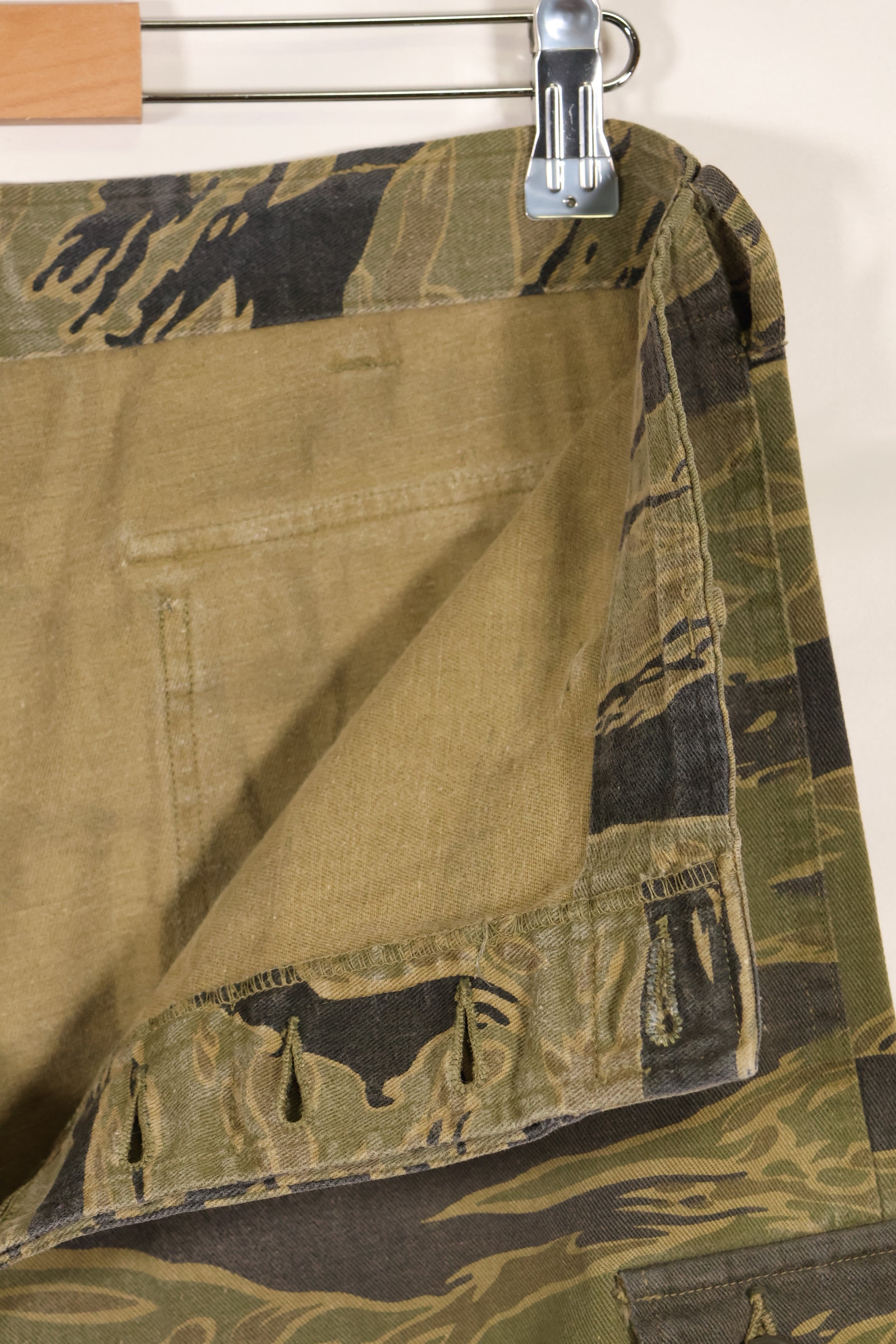 A-M gold tiger stripe Asian cut pants made by Osaka MASH, used, faded.