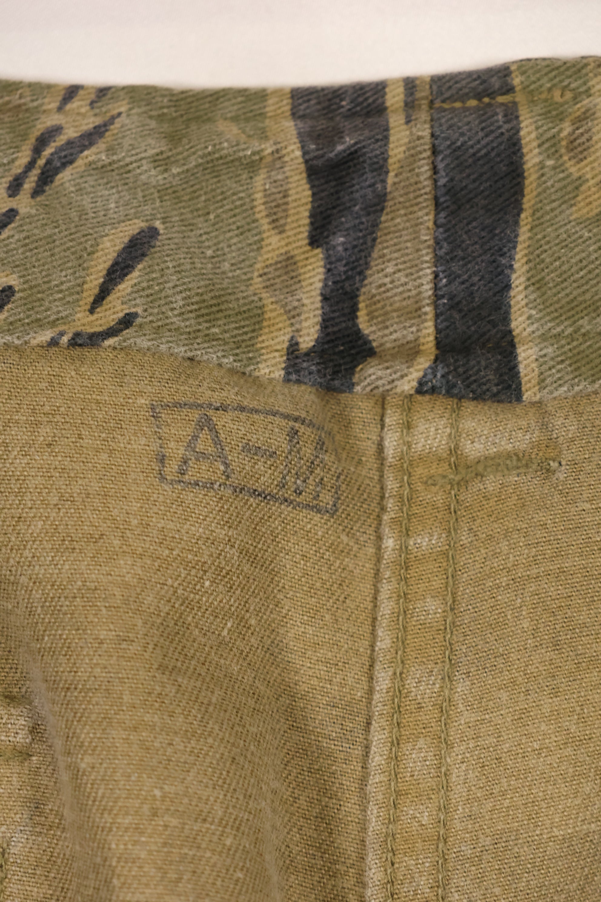 A-M gold tiger stripe Asian cut pants made by Osaka MASH, used, faded.