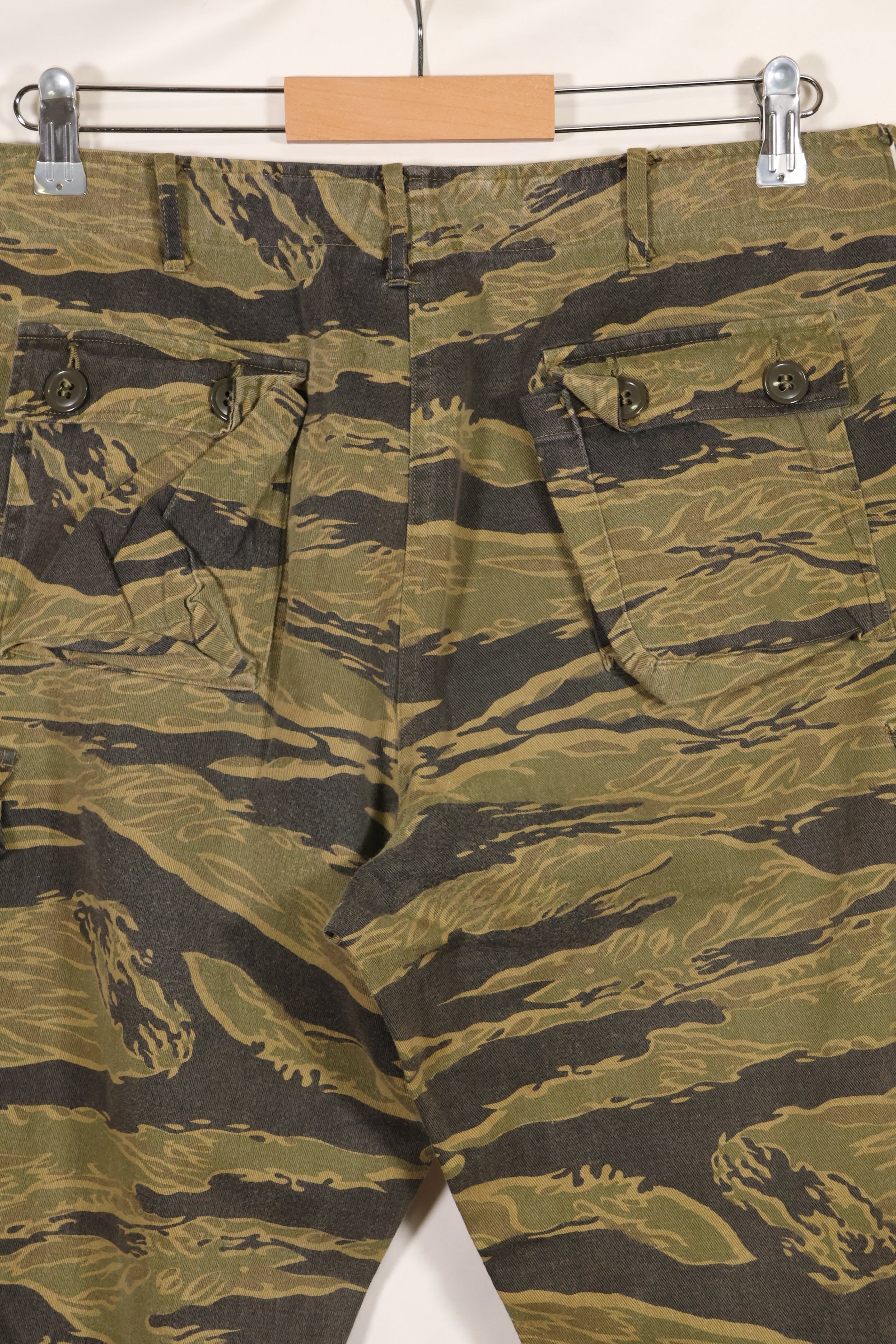 A-M gold tiger stripe Asian cut pants made by Osaka MASH, used, faded.