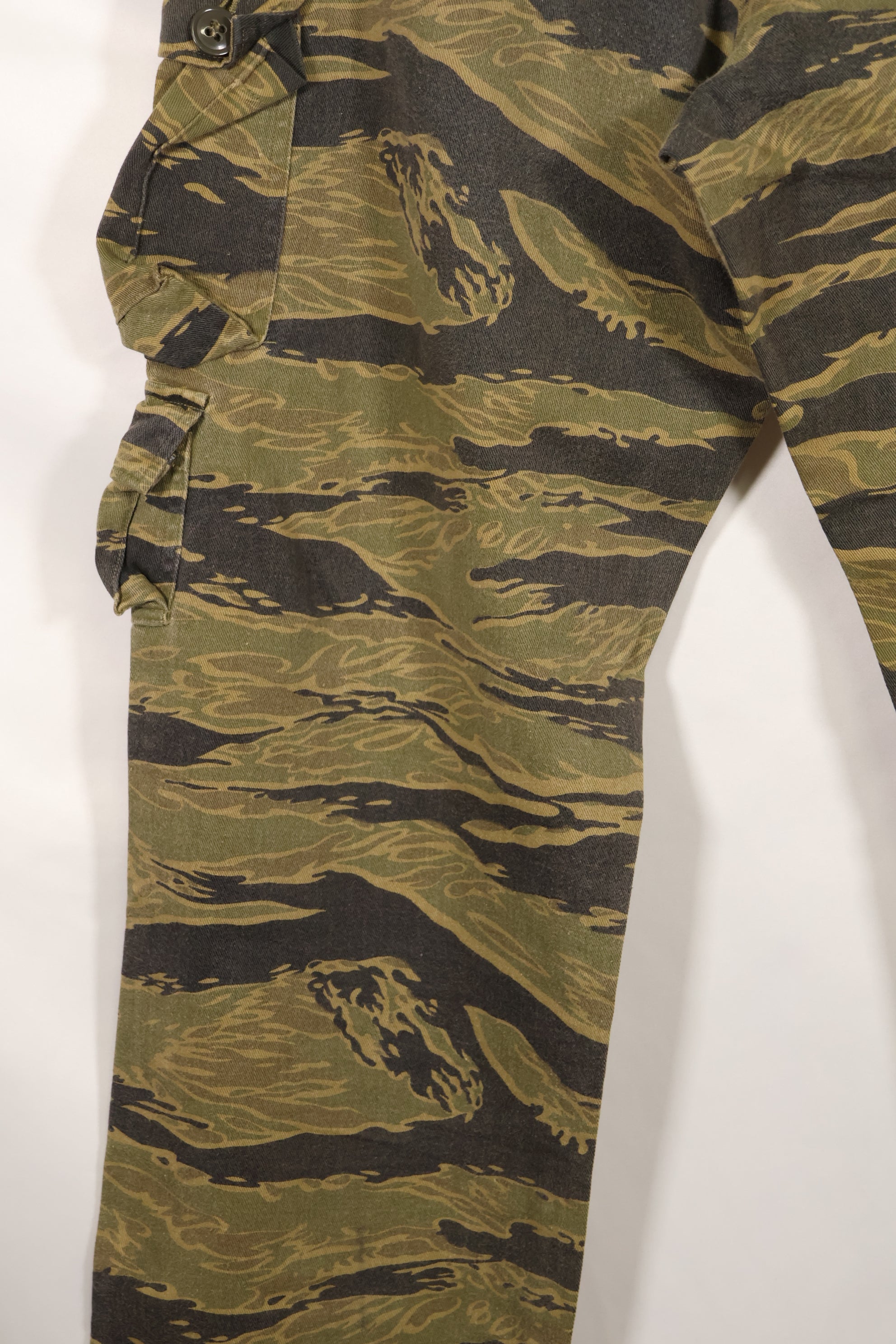 A-M gold tiger stripe Asian cut pants made by Osaka MASH, used, faded.