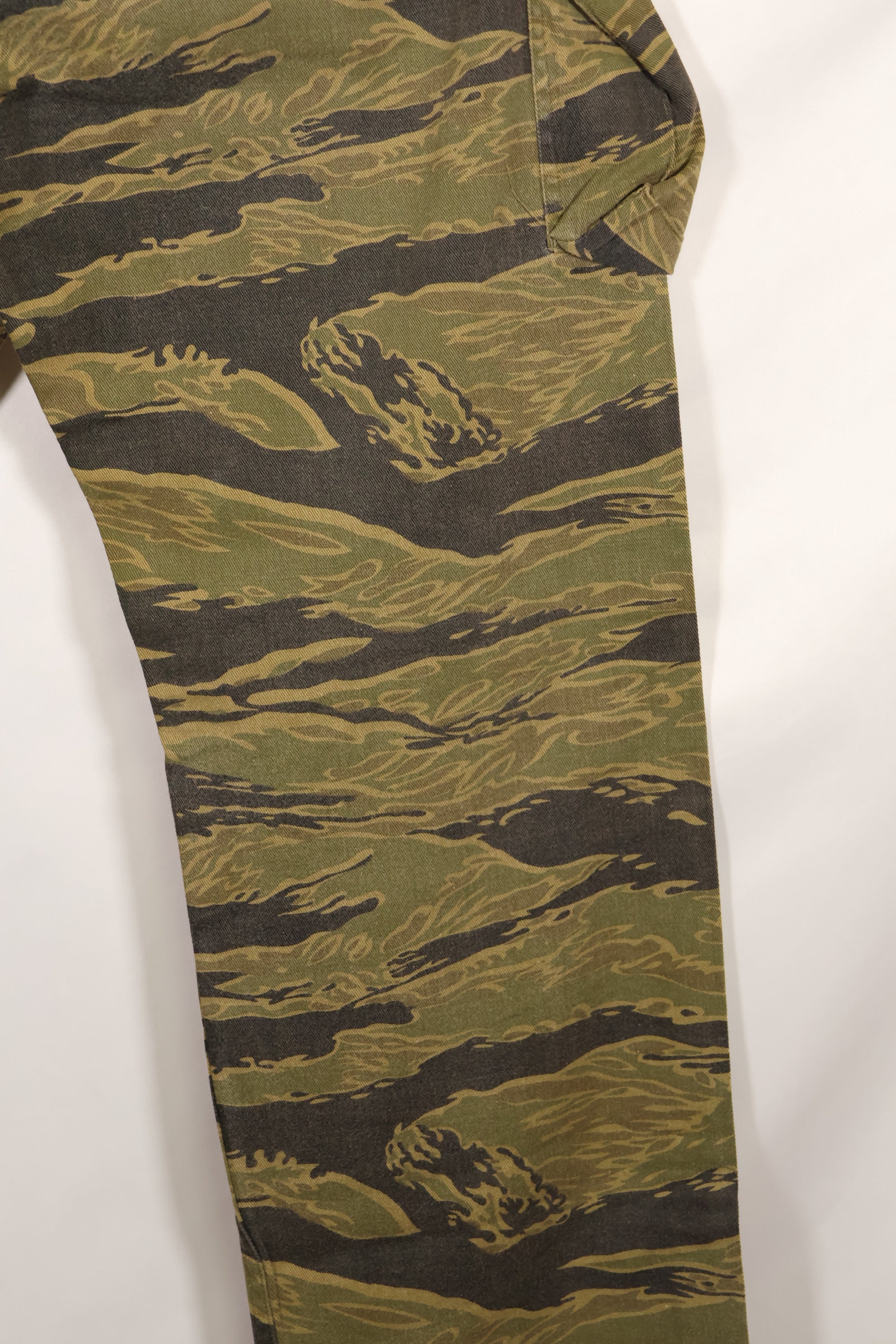 A-M gold tiger stripe Asian cut pants made by Osaka MASH, used, faded.