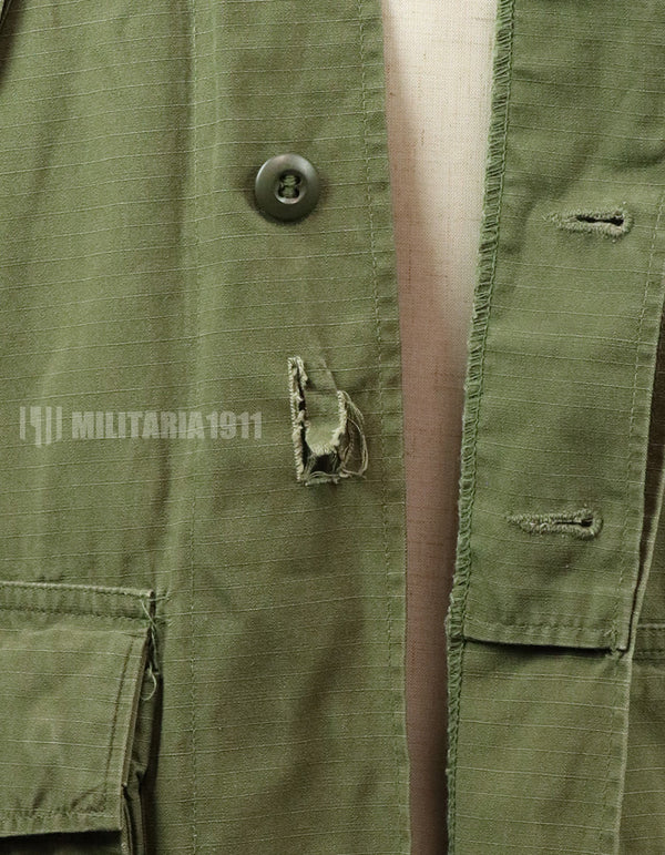 Original Late model, ripstop fabric, jungle fatigues, X-S-S, 1970, missing button, damaged.