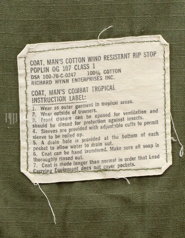 Original Late model, ripstop fabric, jungle fatigues, X-S-S, 1970, missing button, damaged.